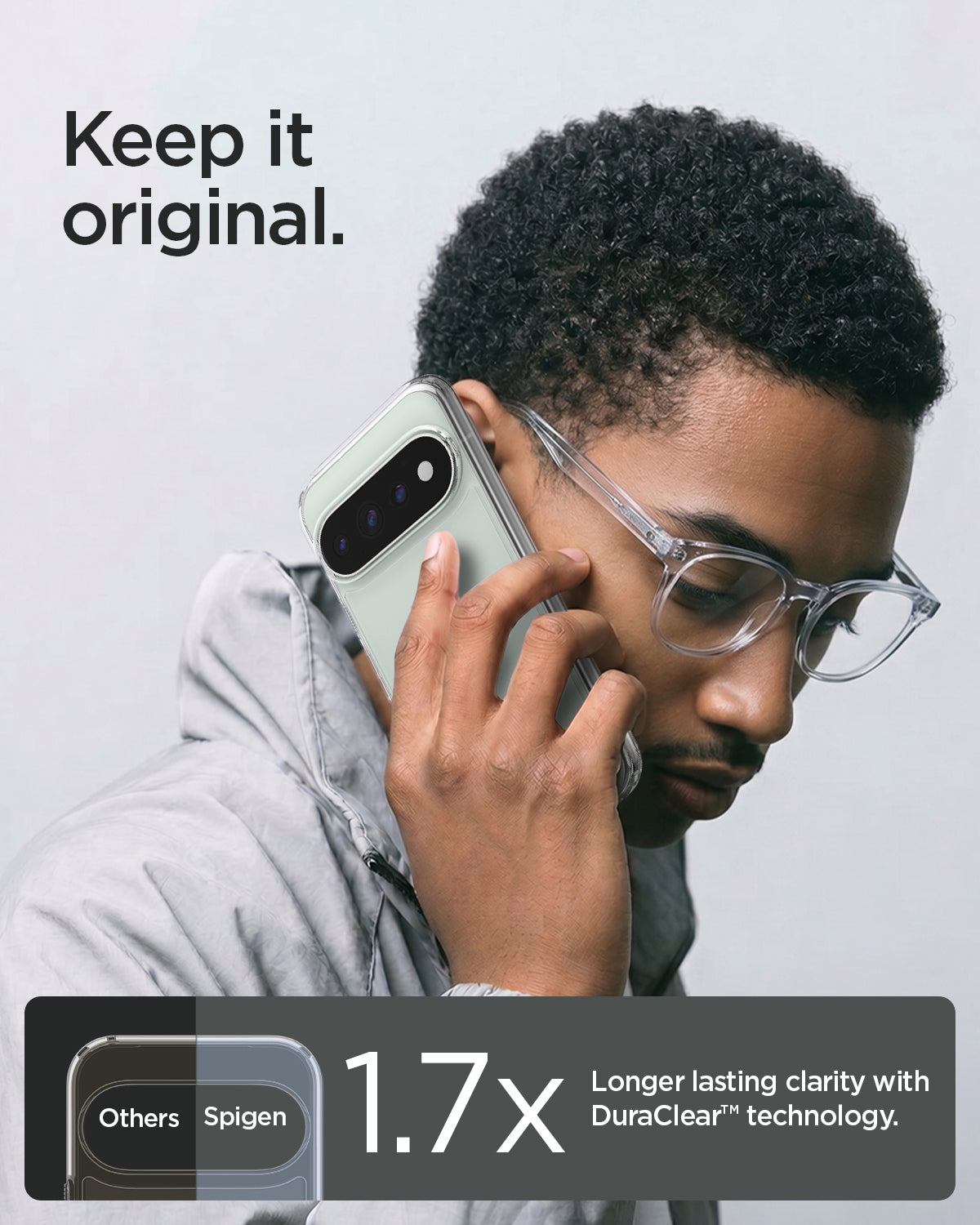  ACS11430 - Pixel 11 Pro  Ultra Hybrid Crystal Clear Person holding Pixel 11 Pro  in the crystal clear case highlighting DuraClear technology that helps maintain lasting clarity.