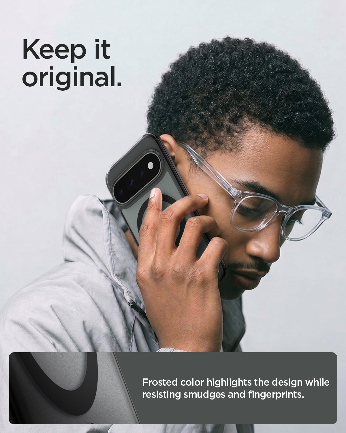 ACS11432 - Pixel 11 Pro  Ultra Hybrid (Mag Fit) Frost Black person holding the case highlighting DuraClear technology for longer lasting clarity.