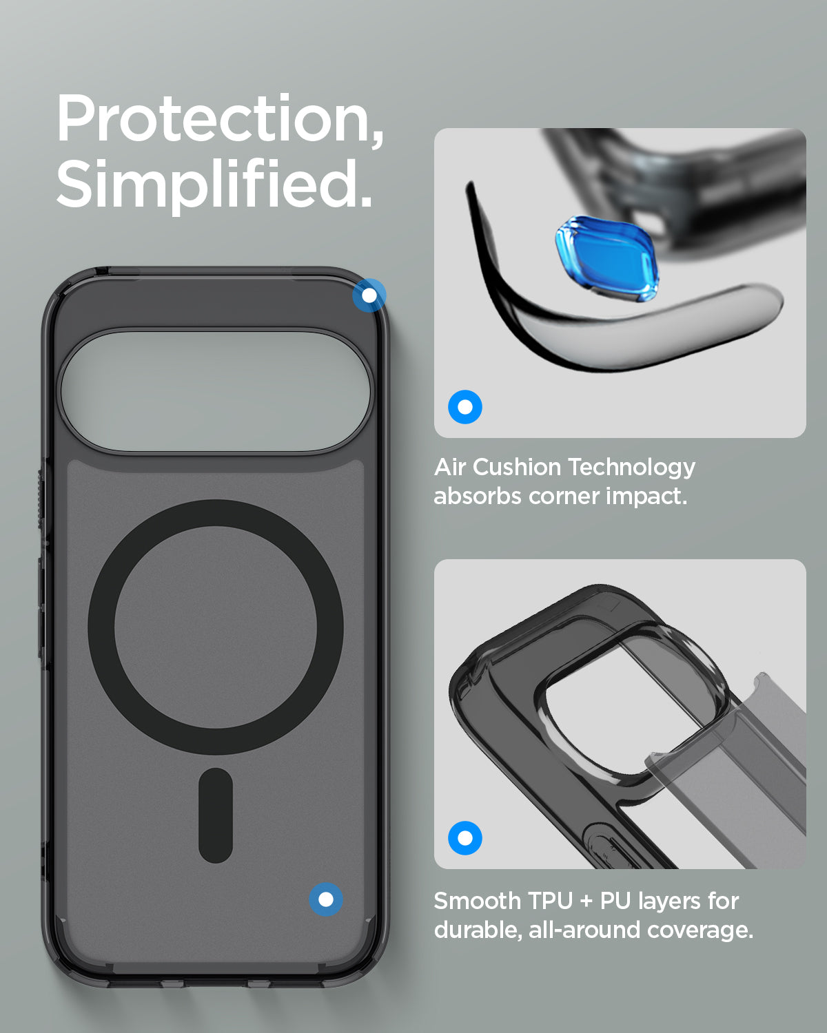 ACS11432 - Pixel 11 Pro  Ultra Hybrid (Mag Fit) Frost Black case featuring Air Cushion Technology, reinforced corners, and durable hybrid TPU and PC construction.