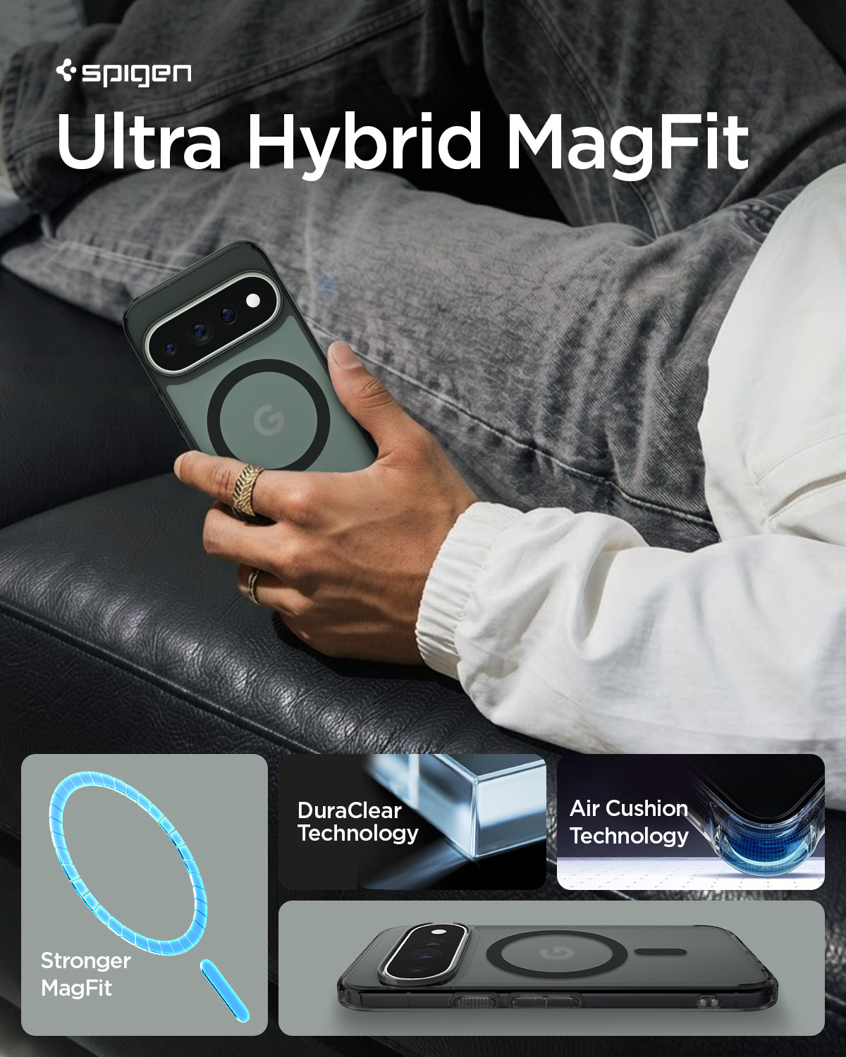 ACS11432 - Pixel 11 Pro  Ultra Hybrid (Mag Fit) Frost Black lifestyle image featuring the Ultra Hybrid MagFit case with DuraClear technology, Air Cushion protection, and a built in MagFit ring.