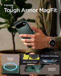 ACS11854 - Pixel 11 Tough Armor (Mag Fit) Abyss Green person holding the Tough Armor MagFit case featuring a built in kickstand, Air Cushion Technology, and the built in magnetic ring.