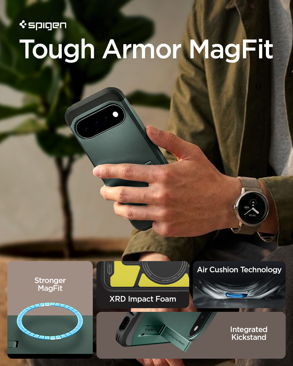 ACS11854 - Pixel 11 Tough Armor (Mag Fit) Abyss Green person holding the Tough Armor MagFit case featuring a built in kickstand, Air Cushion Technology, and the built in magnetic ring.