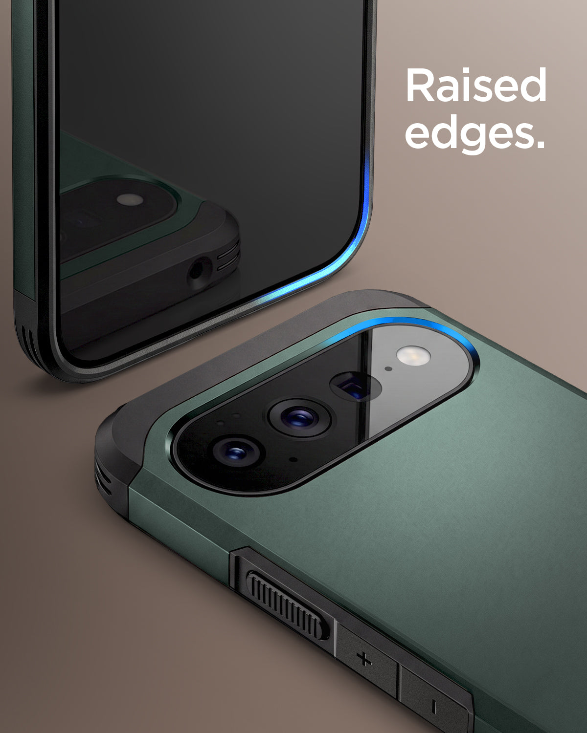 ACS11854 - Pixel 11 Tough Armor (Mag Fit) Abyss Green close up highlighting the raised edges around the display and camera.