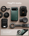 ACS11854 - Pixel 11 Tough Armor (Mag Fit) Abyss Green case shown with compatible magnetic accessories including a ring grip, wallet, charger, and car mount.