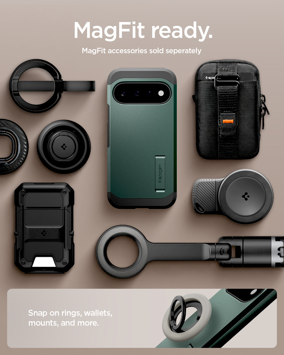 ACS11854 - Pixel 11 Tough Armor (Mag Fit) Abyss Green case shown with compatible magnetic accessories including a ring grip, wallet, charger, and car mount.