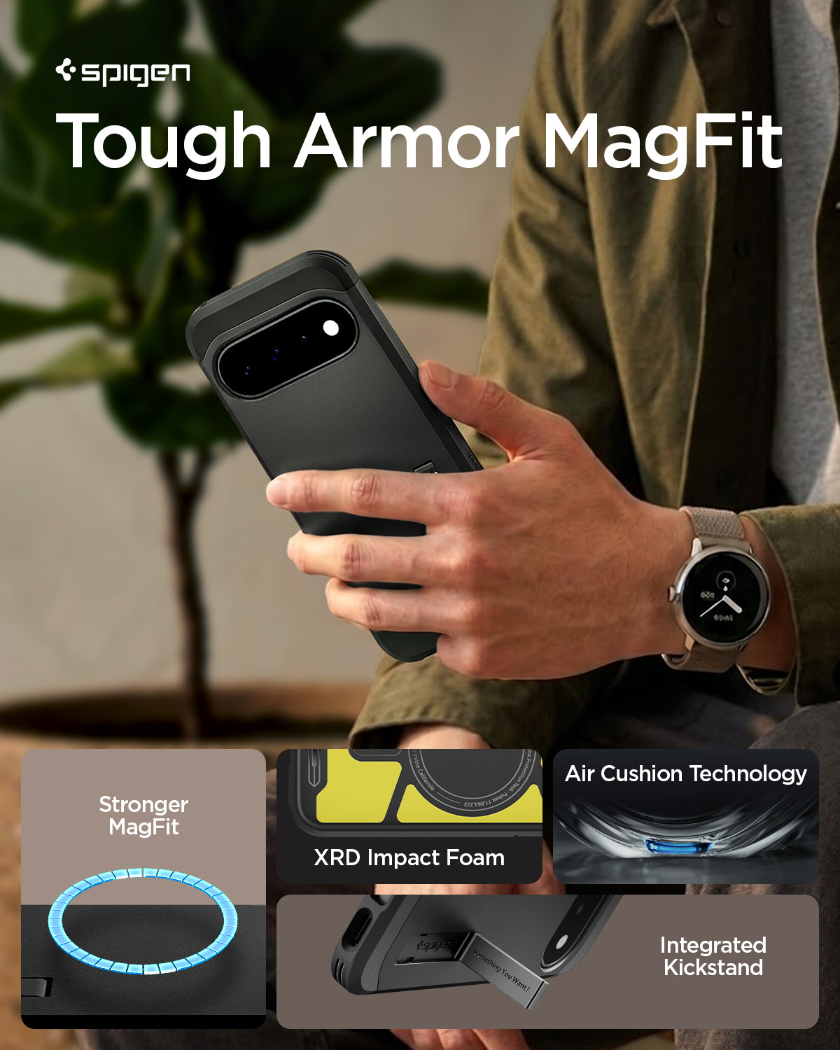 ACS11443 - Pixel 11 Tough Armor (Mag Fit) Black person holding the Tough Armor MagFit case featuring a built in kickstand, Air Cushion Technology, and the built in magnetic ring.