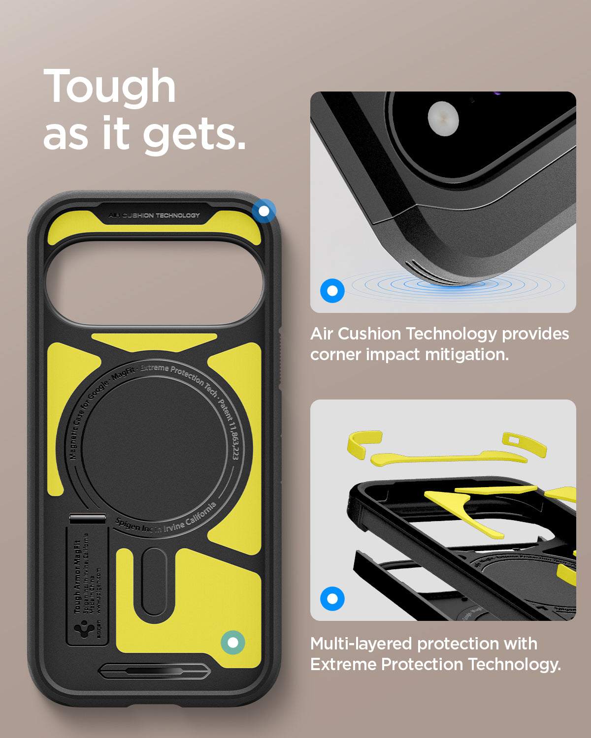 ACS11443 - Pixel 11 Tough Armor (Mag Fit) Black interior view highlighting Air Cushion Technology, Extreme Protection Foam, and the built in magnetic ring.