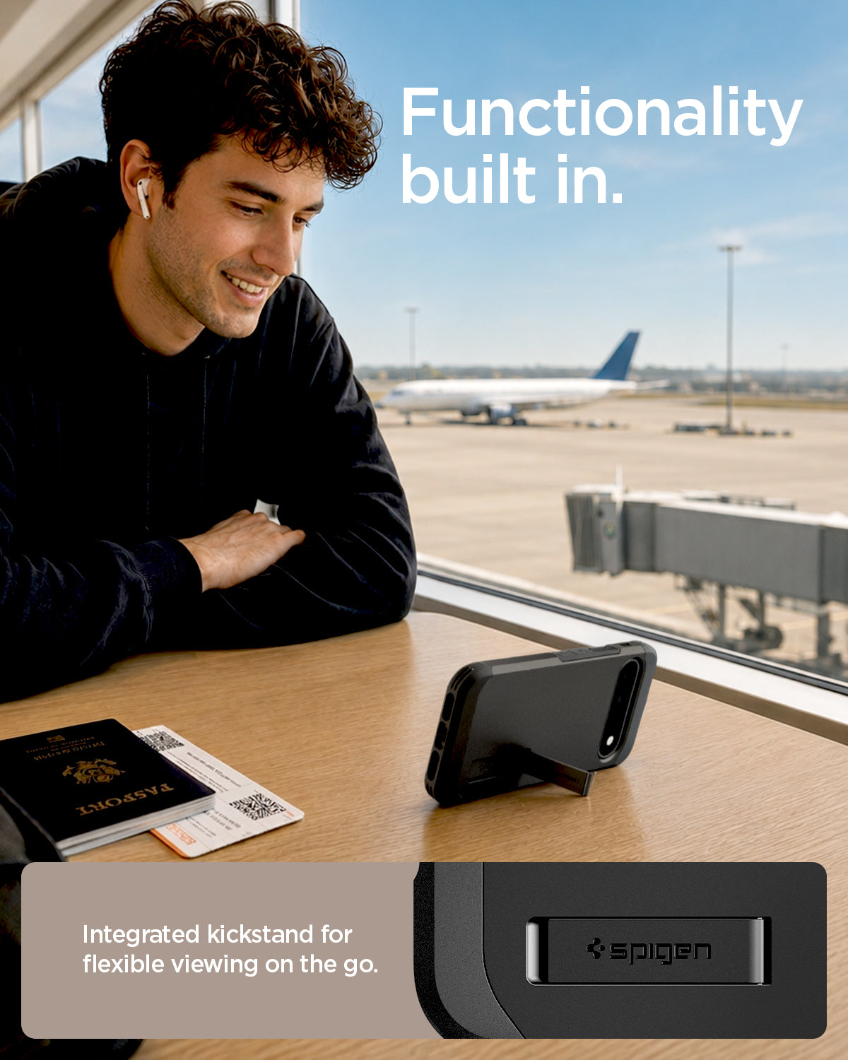 ACS11443 - Pixel 11 Tough Armor (Mag Fit) Black case standing with the built in kickstand for hands free viewing on a table.
