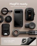 ACS11443 - Pixel 11 Tough Armor (Mag Fit) Black case shown with compatible magnetic accessories including a ring grip, wallet, charger, and car mount.