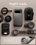 ACS11855 - Pixel 11 Tough Armor (Mag Fit) Gunmetal case shown with compatible magnetic accessories including a ring grip, wallet, charger, and car mount.