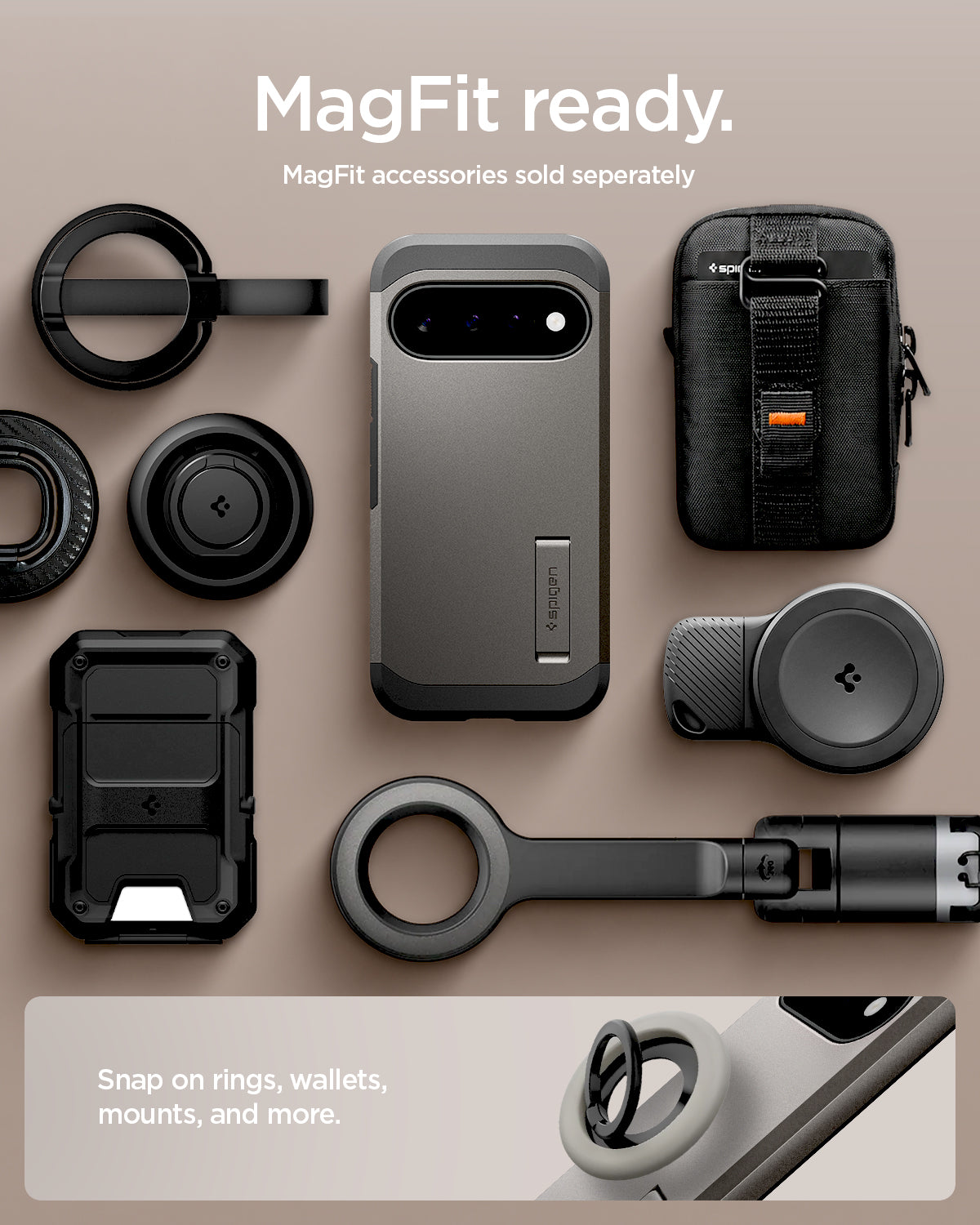 ACS11855 - Pixel 11 Tough Armor (Mag Fit) Gunmetal case shown with compatible magnetic accessories including a ring grip, wallet, charger, and car mount.