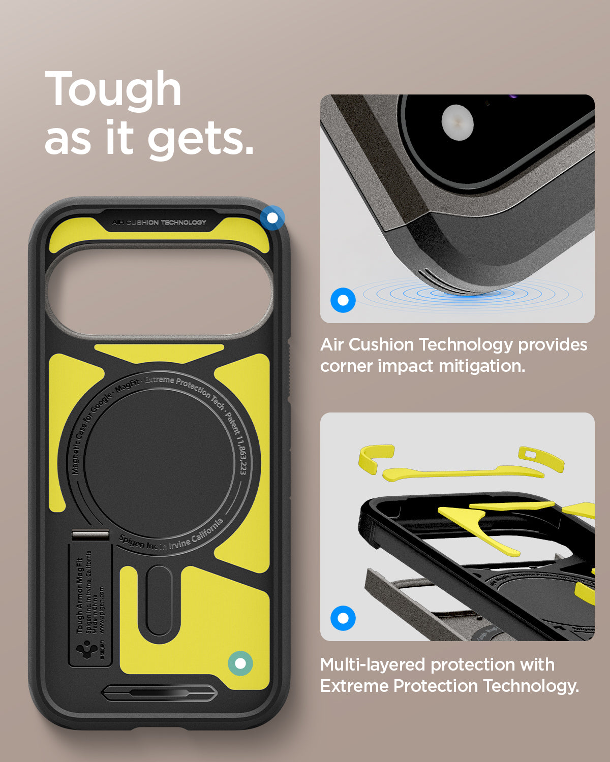 ACS11855 - Pixel 11 Tough Armor (Mag Fit) Gunmetal interior view highlighting Air Cushion Technology, Extreme Protection Foam, and the built in magnetic ring.