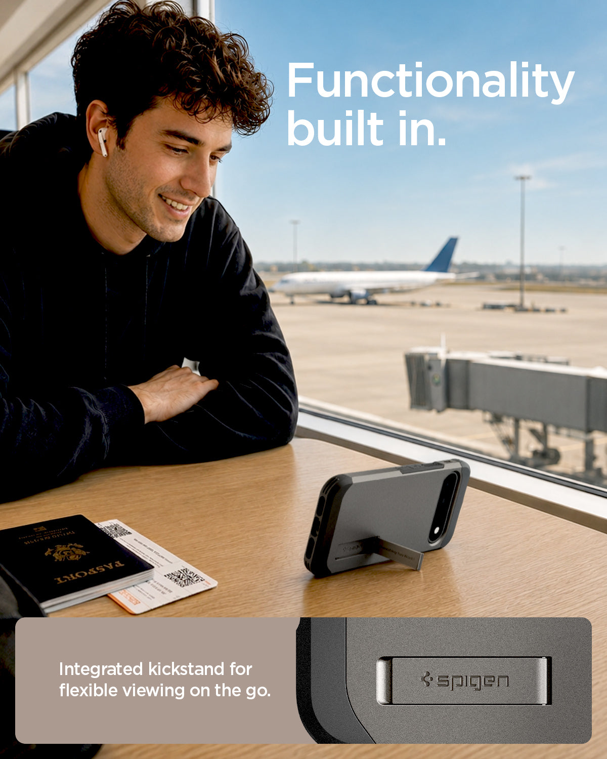 ACS11855 - Pixel 11 Tough Armor (Mag Fit) Gunmetal case standing with the built in kickstand for hands free viewing on a table.