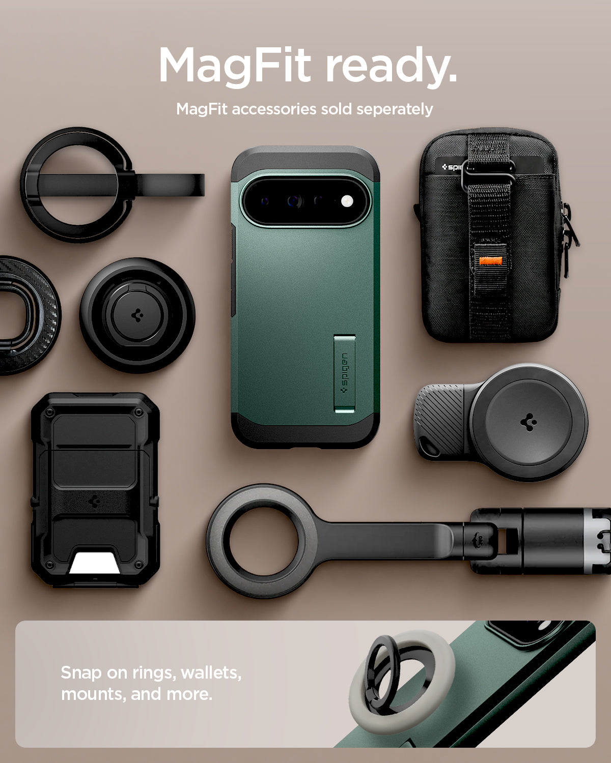 ACS11859 - Pixel 11 Pro  Tough Armor (Mag Fit) Abyss Green case shown with compatible magnetic accessories including a ring grip, wallet, charger, and car mount.