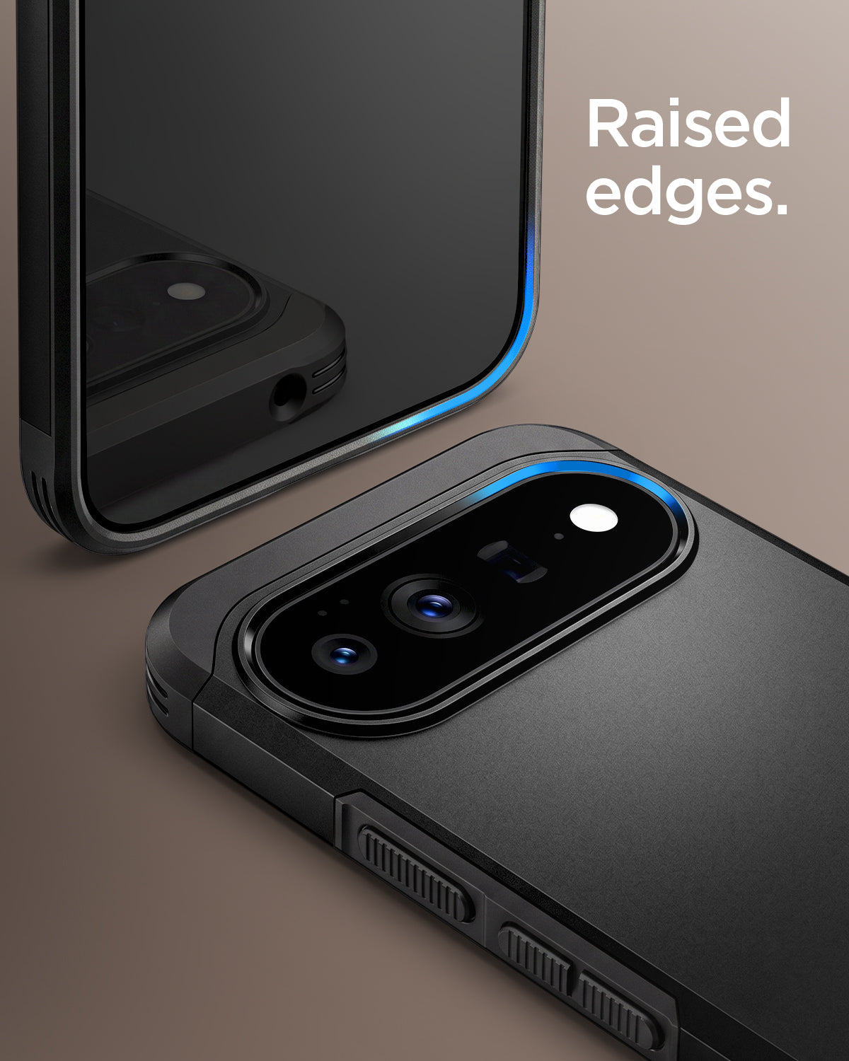 ACS11433 - Pixel 11 Pro  Tough Armor (Mag Fit) Black close up highlighting the raised edges around the display and camera.