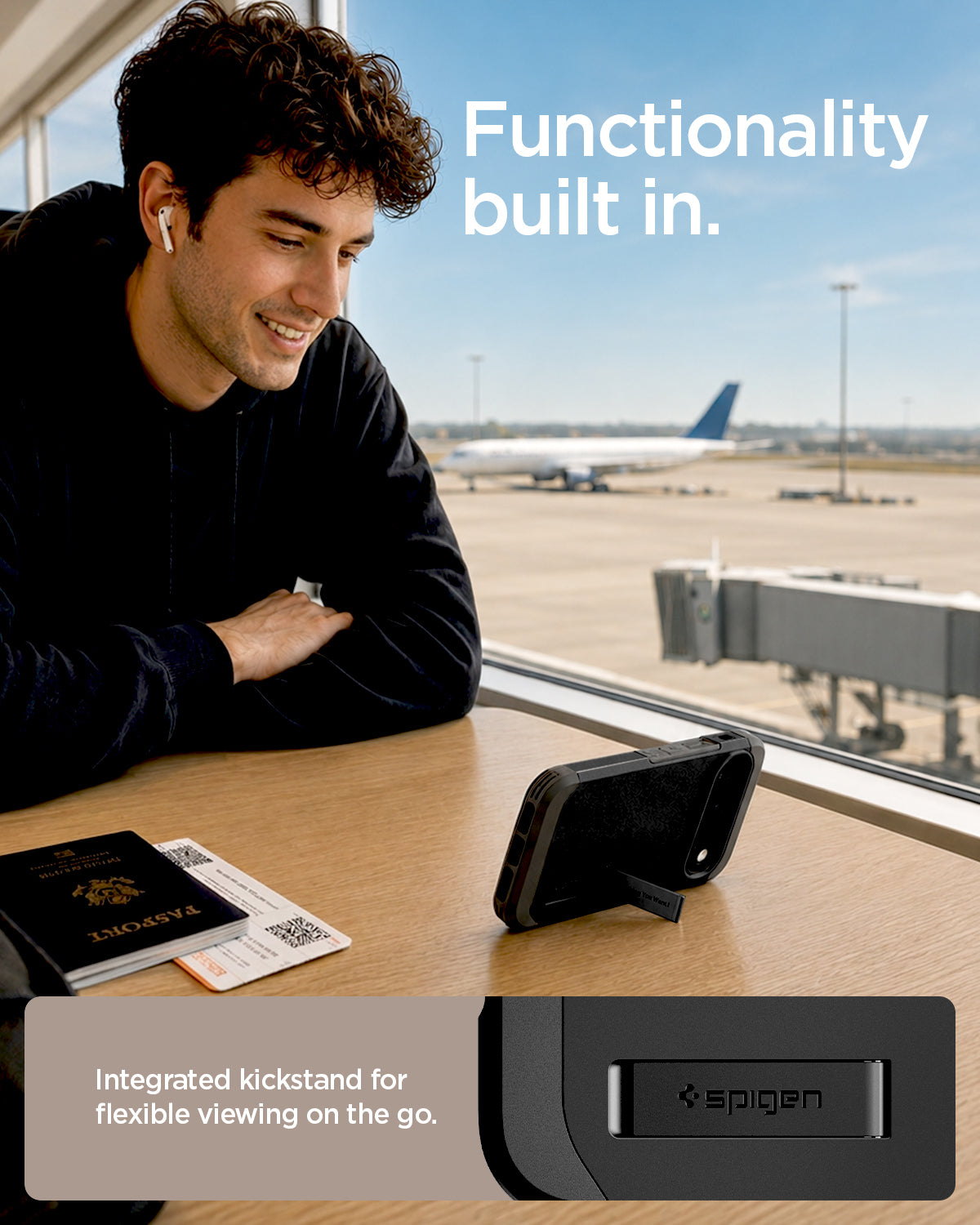 ACS11433 - Pixel 11 Pro  Tough Armor (Mag Fit) Black case standing with the built in kickstand for hands free viewing on a table.