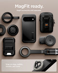 ACS11433 - Pixel 11 Pro  Tough Armor (Mag Fit) Black case shown with compatible magnetic accessories including a ring grip, wallet, charger, and car mount.