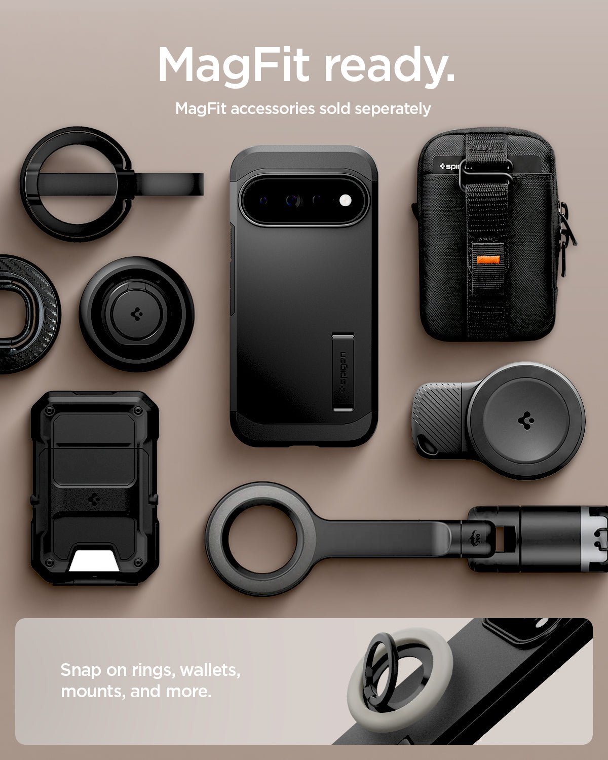 ACS11433 - Pixel 11 Pro  Tough Armor (Mag Fit) Black case shown with compatible magnetic accessories including a ring grip, wallet, charger, and car mount.
