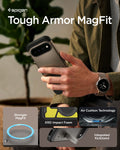 ACS11860 - Pixel 11 Pro  Tough Armor (Mag Fit) Gunmetal person holding the Tough Armor MagFit case featuring a built in kickstand, Air Cushion Technology, and the built in magnetic ring.