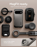 ACS11860 - Pixel 11 Pro  Tough Armor (Mag Fit) Gunmetal case shown with compatible magnetic accessories including a ring grip, wallet, charger, and car mount.