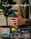 ACS11864 - Pixel 11 Pro XL Tough Armor (Mag Fit) Abyss Green person holding the Tough Armor MagFit case featuring a built in kickstand, Air Cushion Technology, and the built in magnetic ring.