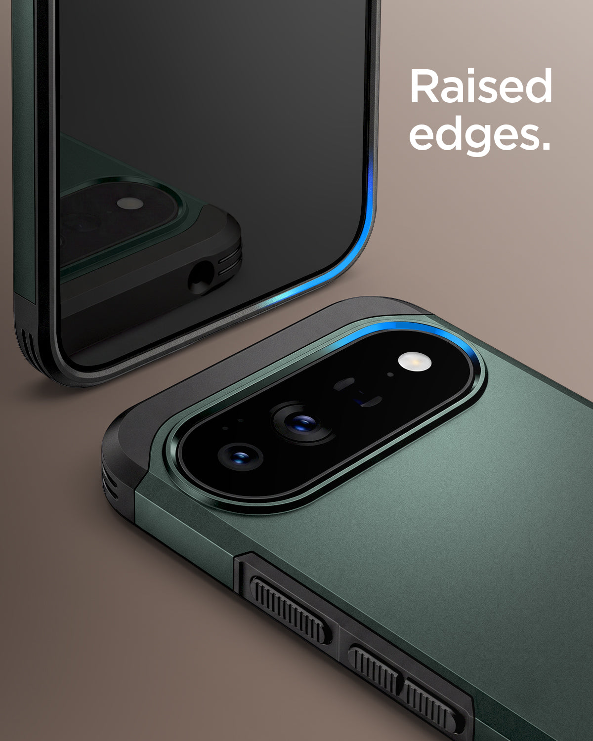 ACS11864 - Pixel 11 Pro XL Tough Armor (Mag Fit) Abyss Green close up highlighting the raised edges around the display and camera.