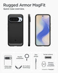 ACS09721 - Pixel 10 Pro XL Case Rugged Armor (MagFit) in black showing the quick case overview. Lifted edge protection, MagFit compatible, Air Cushion Technology, slim design, tactile buttons and wireless charging compatible
