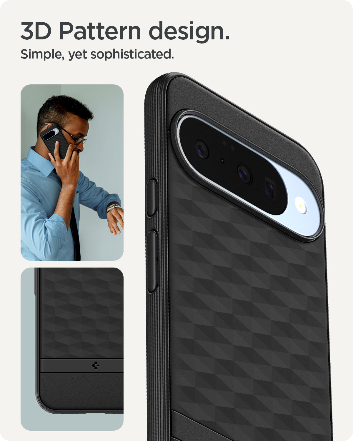 ACS09708 - Pixel 10 Pixel 10 Pro in black showing the 3d pattern design. Simple, yet sophisticated.