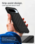 ACS09708 - Pixel 10 Pixel 10 Pro in black showing the grip assist design. Looks and feels good in hand. Better grip for everyday-tasks. Grooved ridge design on both sides for a comfortable hold