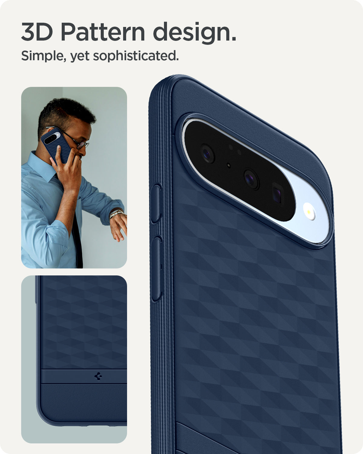 ACS09710 - Pixel 10 Pixel 10 Pro in midnight blue showing the 3d pattern design. Simple, yet sophisticated.