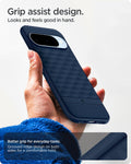 ACS09710 - Pixel 10 Pixel 10 Pro in midnight blue showing the grip assist design. Looks and feels good in hand. Better grip for everyday-tasks. Grooved ridge design on both sides for a comfortable hold
