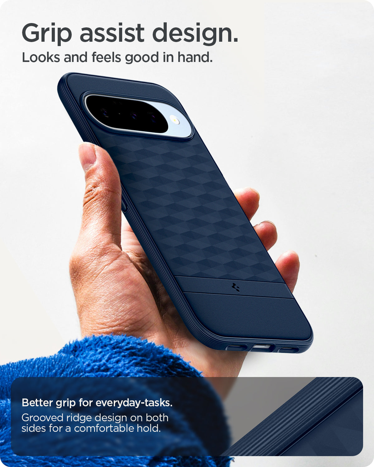 ACS09710 - Pixel 10 Pixel 10 Pro in midnight blue showing the grip assist design. Looks and feels good in hand. Better grip for everyday-tasks. Grooved ridge design on both sides for a comfortable hold