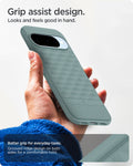 ACS09709 - Pixel 10 Pixel 10 Pro in sage green showing the grip assist design. Looks and feels good in hand. Better grip for everyday-tasks. Grooved ridge design on both sides for a comfortable hold