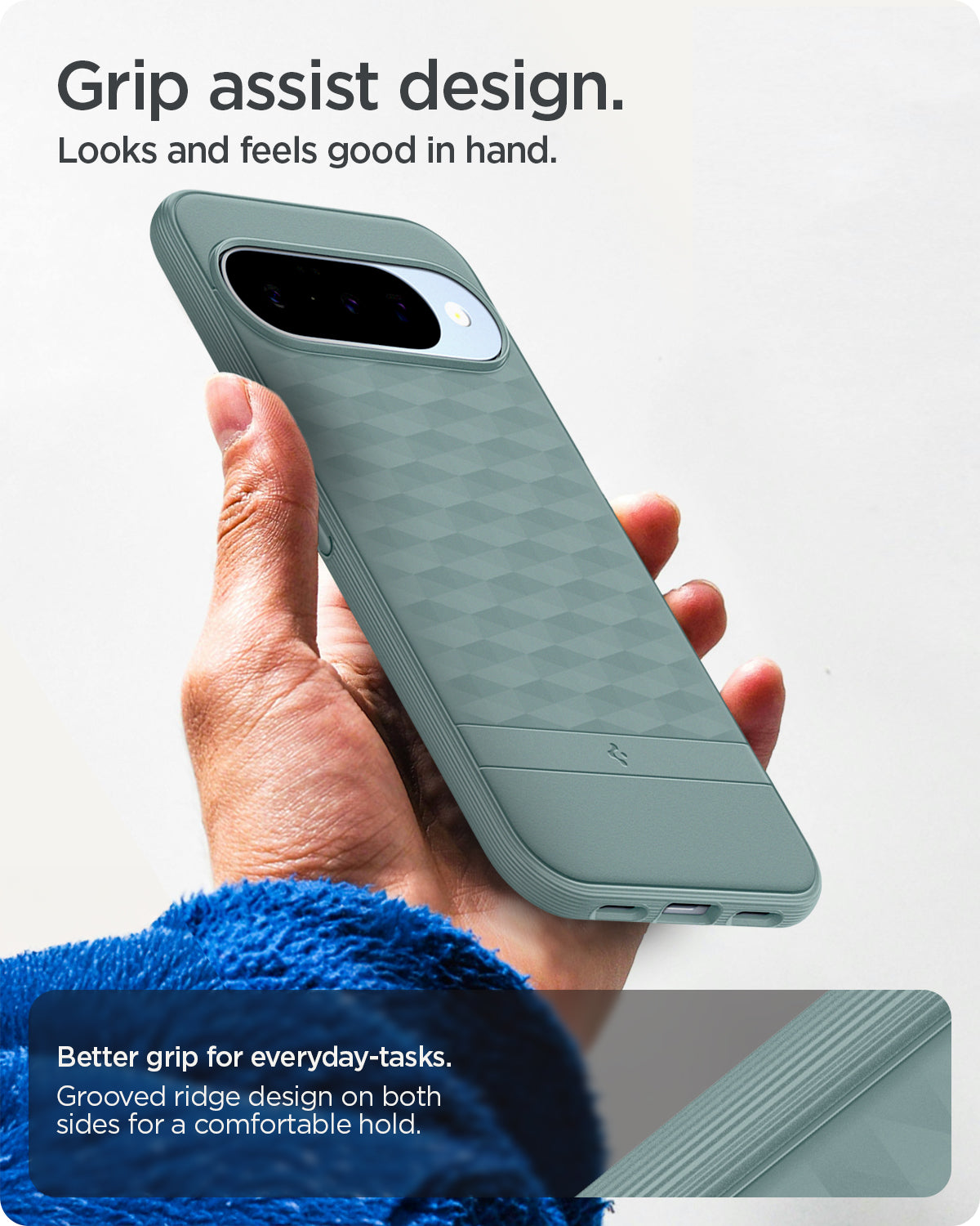 ACS09709 - Pixel 10 Pixel 10 Pro in sage green showing the grip assist design. Looks and feels good in hand. Better grip for everyday-tasks. Grooved ridge design on both sides for a comfortable hold