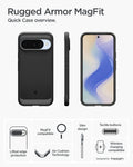 ACS09698 - Pixel 10 / Pixel 10 Pro Case Rugged Armor (MagFit) in black showing the quick case overview. Lifted edge protection, MagFit compatible, Air Cushion Technology, slim design, tactile buttons and wireless charging compatible