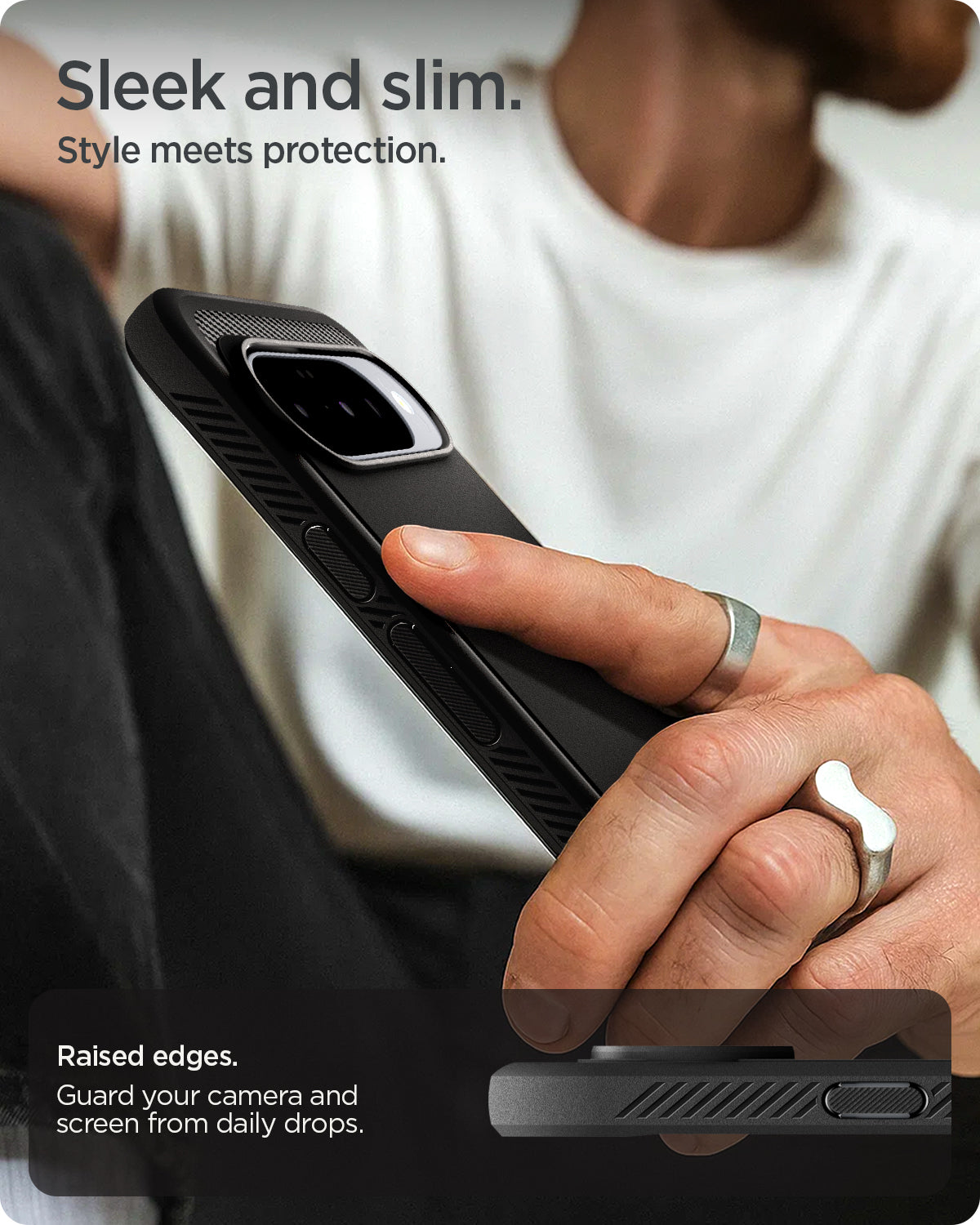 ACS09698 - Pixel 10 / Pixel 10 Pro Case Rugged Armor (MagFit) in black showing the sleek and slim design. Styles meets protection. Raised edges to guard your camera and screen from daily drops