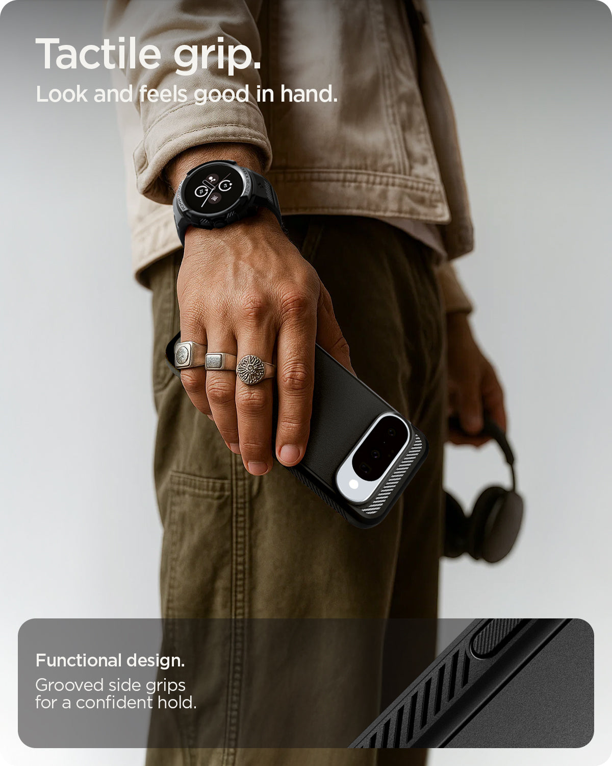 ACS09698 - Pixel 10 / Pixel 10 Pro Case Rugged Armor (MagFit) in black showing the tactile grip. Look and feels good in hand. Functional design with grooved side grips for a confident hold