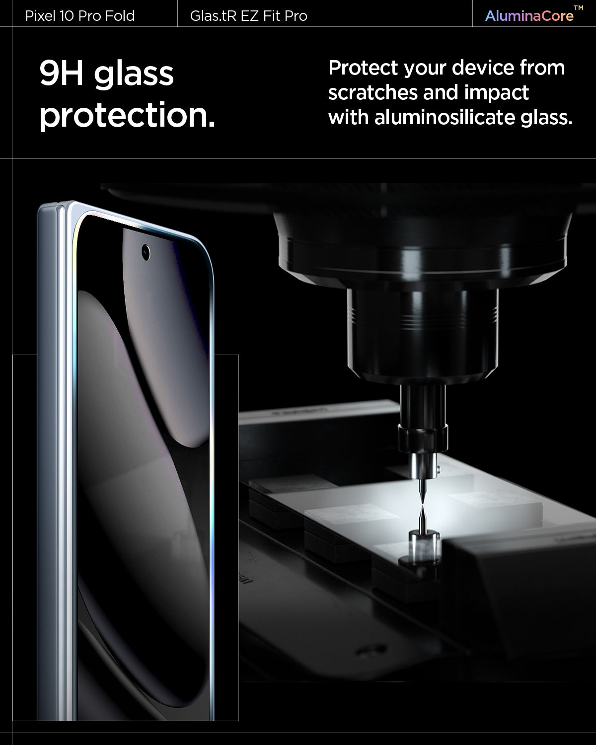 AGL09665 - Pixel 10 Pro Fold Case Ultra Hybrid Metal Ring (MagFit) in crystal clear showing check 9h glass protection. protect your device from scratches and impact with aluminosilicate glass