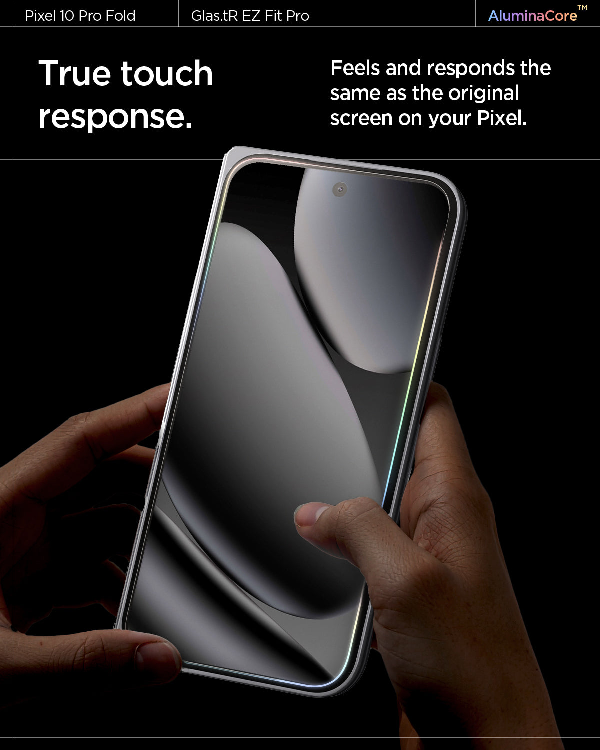 AGL09665 - Pixel 10 Pro Fold Case Ultra Hybrid Metal Ring (MagFit) in crystal clear showing true touch response. feels and responds the same as the original screen on your pixel