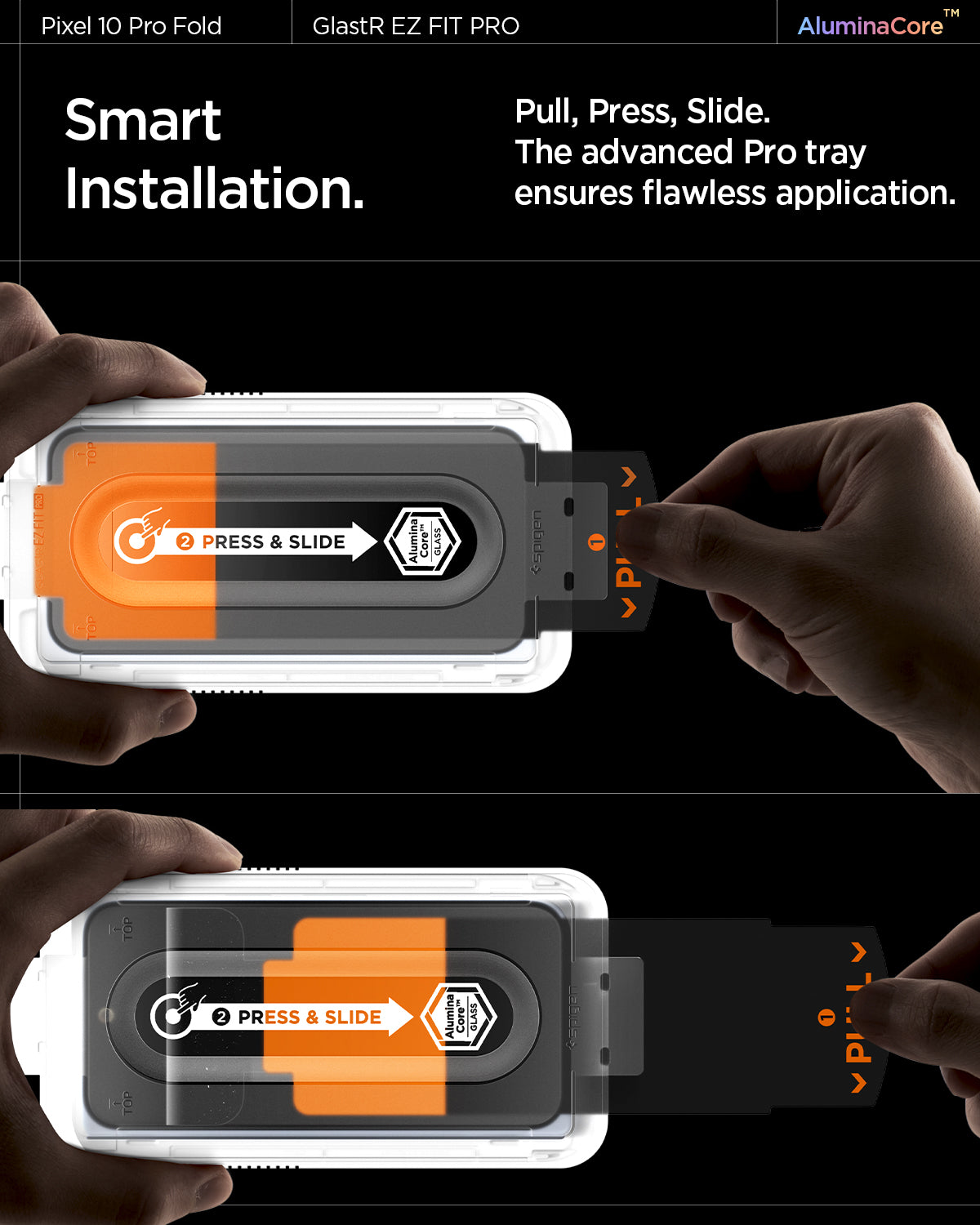 AGL09665 - Pixel 10 Pro Fold Case Ultra Hybrid Metal Ring (MagFit) in crystal clear showing smart installation. pull press slide the advanced pro tray ensures flawless application