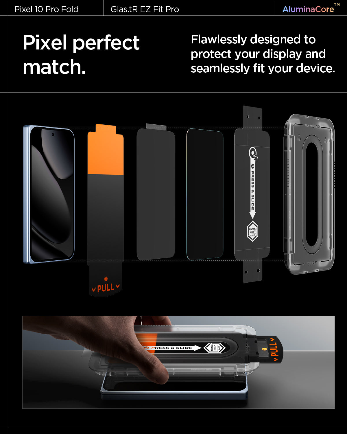 AGL09665 - Pixel 10 Pro Fold Case Ultra Hybrid Metal Ring (MagFit) in crystal clear showing pixel perfect match. flawlessly designed to protect your display and seamlessly fit your device