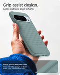 ACS09732 - Pixel 10 Pro XL Case Parallax (MagFit) in sage green showing the grip assist design. Looks and feels good in hand. Better grip for everyday-tasks. Grooved ridge design on both sides for a comfortable hold
