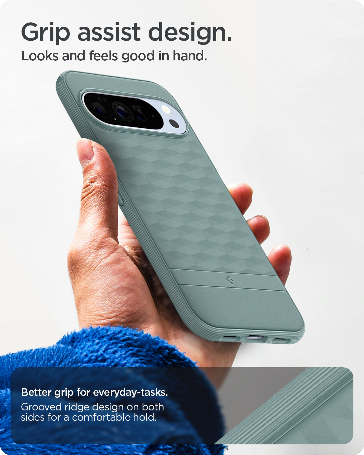 ACS09732 - Pixel 10 Pro XL Case Parallax (MagFit) in sage green showing the grip assist design. Looks and feels good in hand. Better grip for everyday-tasks. Grooved ridge design on both sides for a comfortable hold