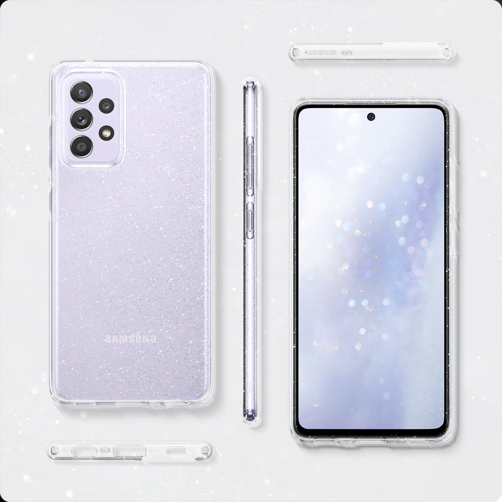 ACS02317 - Galaxy A52 Case Liquid Crystal Glitter in Crystal Quartz showing front, back, bottom.