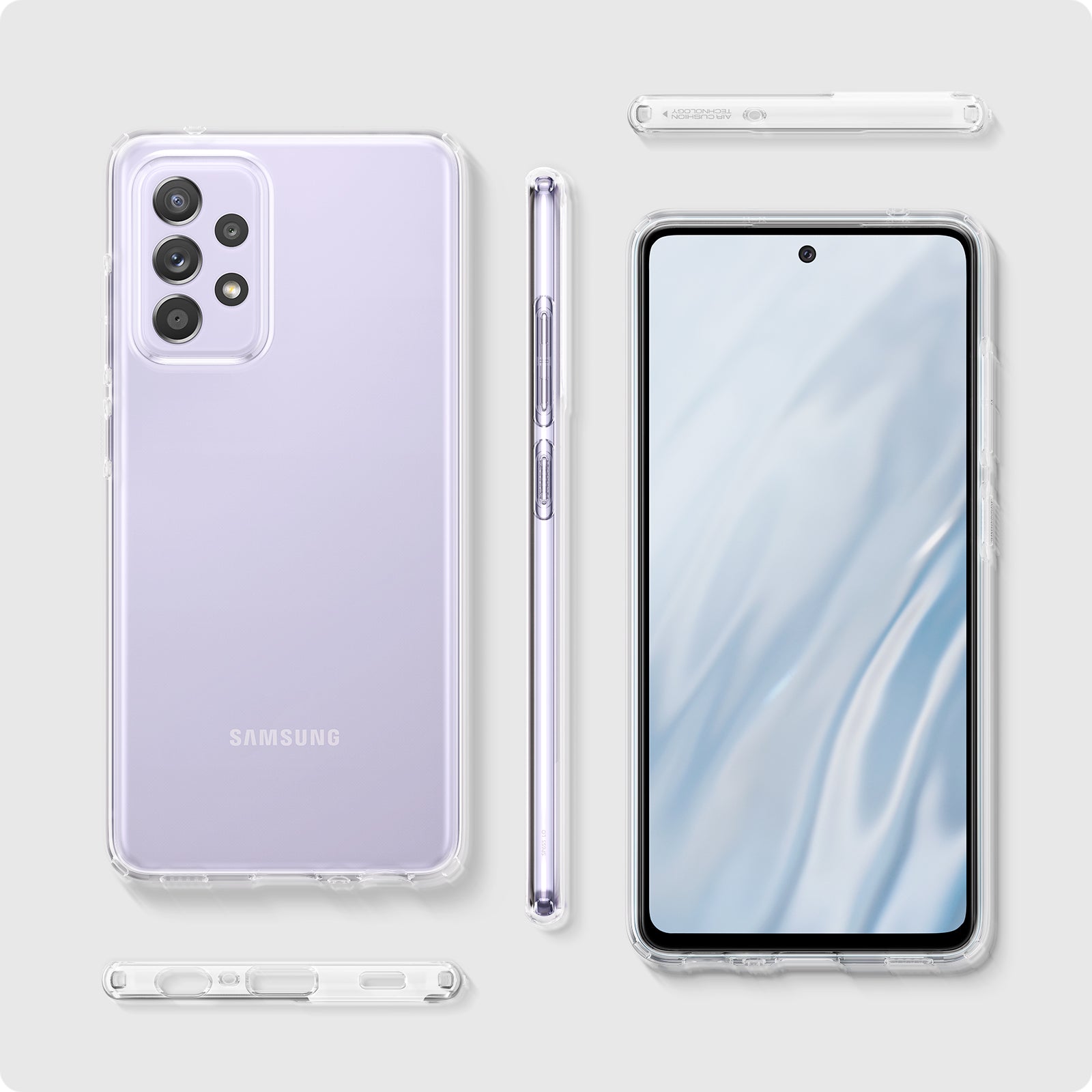 ACS02316 - Galaxy A52 Case Liquid Crystal in Crystal Clear showing side, front and back with case open.