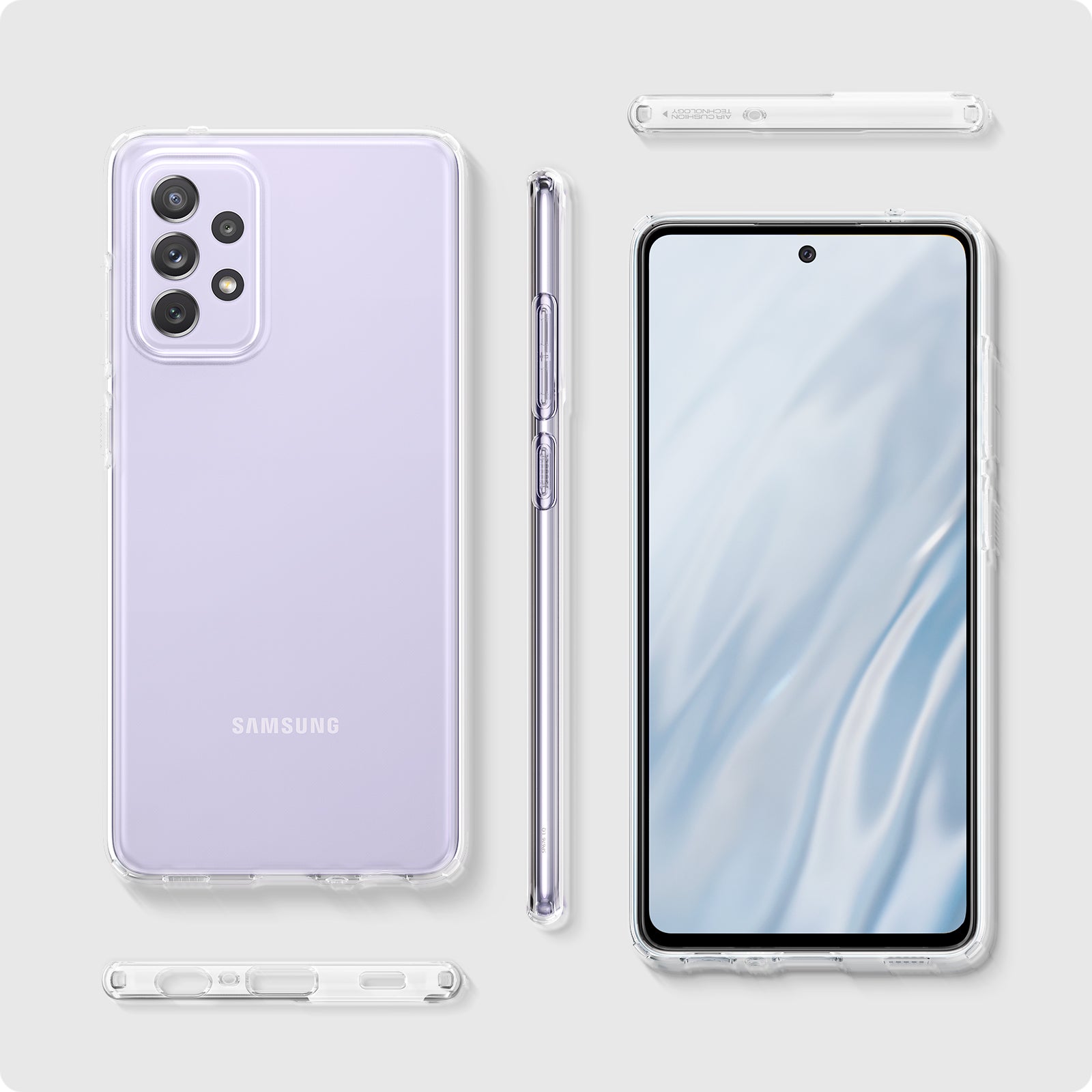 ACS02325 - Galaxy A72 Case Liquid Crystal in Crystal Clear showing side, front and back with case open.