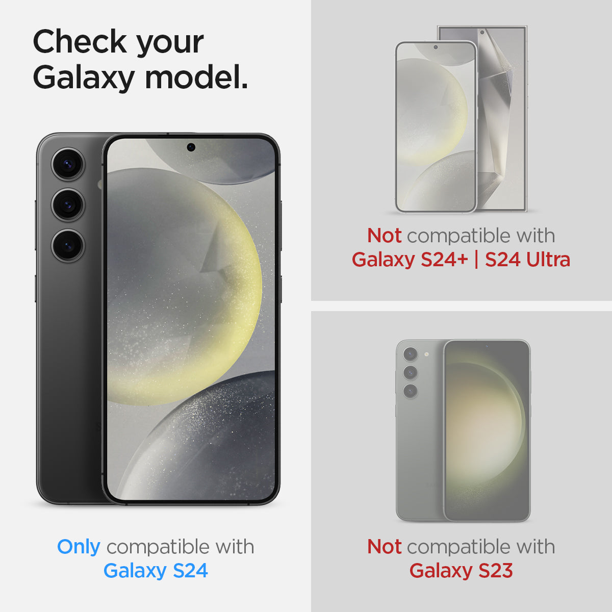 AGL07627 - Galaxy S24 GLAS.tR EZ Fit in Privacy showing the only compatible with Galaxy S24. Not compatible with Galaxy S24 Ultra | S24+ and Galaxy S23