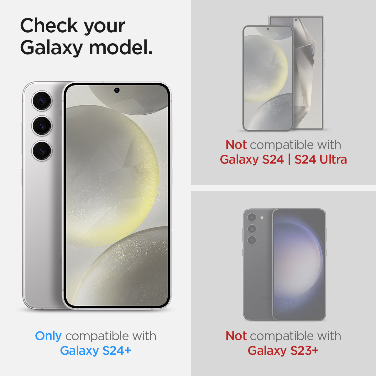 AGL07626 - Galaxy S24 Plus GLAS.tR EZ Fit in Privacy showing the only compatible with Galaxy S24+. Not compatible with Galaxy S24 | S24 Ultra and Galaxy S23+