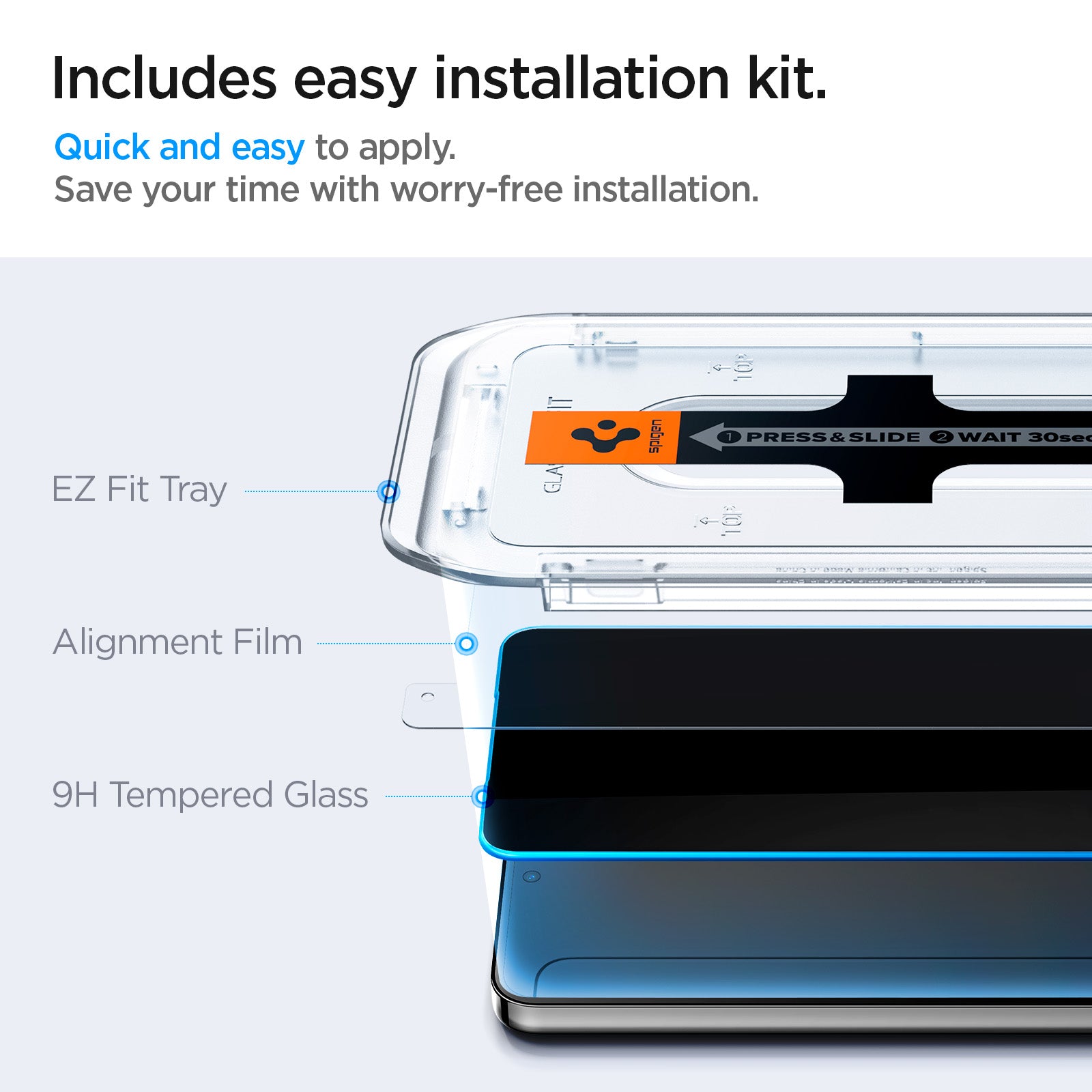 AGL07626 - Galaxy S24 Plus GLAS.tR EZ Fit in Privacy showing includes easy installation kit. Quick and easy to apply. Save your time with the worry-free installation. EZ Fit Tray, Alignment Film and 9H Tempered Glass