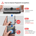 AGL07626 - Galaxy S24 Plus GLAS.tR EZ Fit in Privacy showing the how to improve fingerprint recognition. 1. Install the screen protector 2. Register the same fingerprint AT LEAST TWICE 3. Scan fingerprint longer and with more pressure that usual